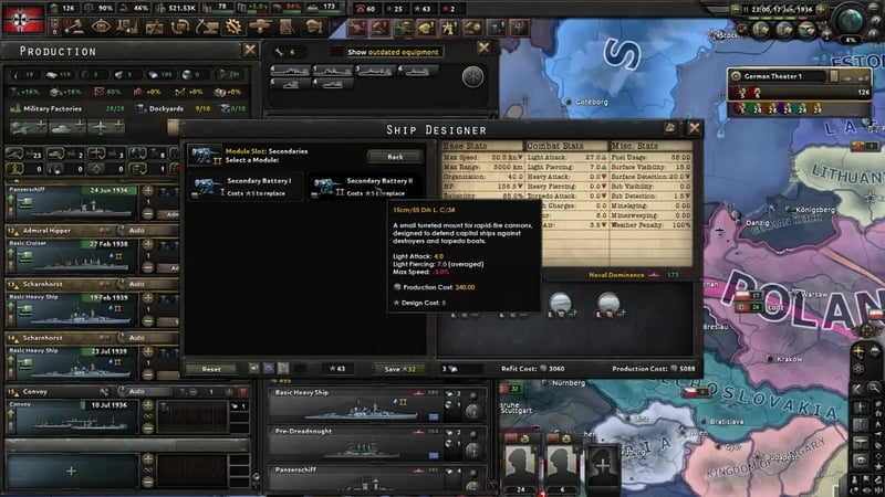 Ship Designer for the Admiral Hipper light-cruiser refit, stats panel showing Production Cost 5088