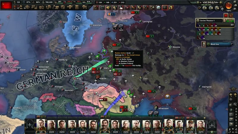 Wide map of central Europe with green arrows plunging deep into German territory and a Radar station coverage tooltip open