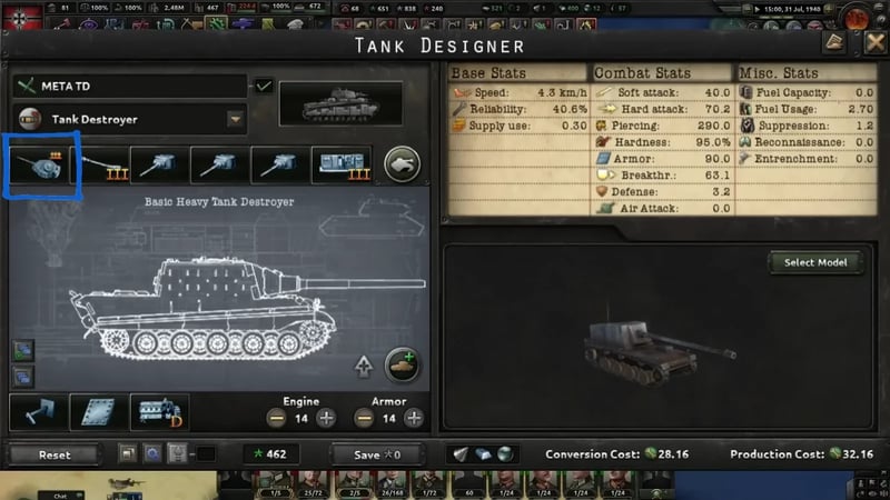 HOI4 Tank Designer panel showing the "META TD" Basic Heavy Tank Destroyer build with Hard attack 70.2, Piercing 290.0, Reliability 40.6%, Production Cost 32.16