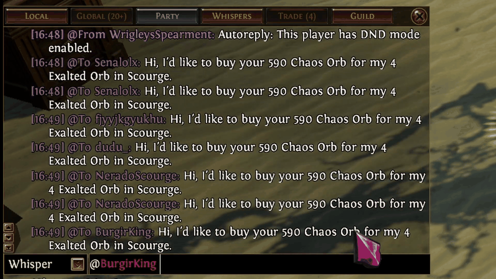 A chat log full of repeated bulk currency whispers offering 4 Exalted Orbs for 590 Chaos Orbs, the manual poe currency trading routine the path of exile currency exchange replaced