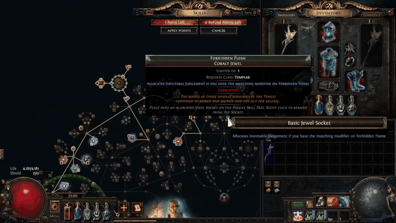 Forbidden Flesh cobalt jewel allocating Inevitable Judgement on the Path of Exile passive tree, the item whose price was manipulated from four divine to fifty divine