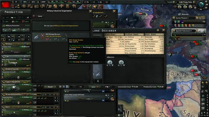 Plane Designer window with a Basic Small Airframe variant's full stat sheet and the MiG Design Bureau military industrial organization bonus tooltip open