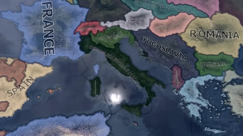 Map of Italy split during the civil war between "Italian Republic" in the north and "Repubblica Sociale Italiana" in the south