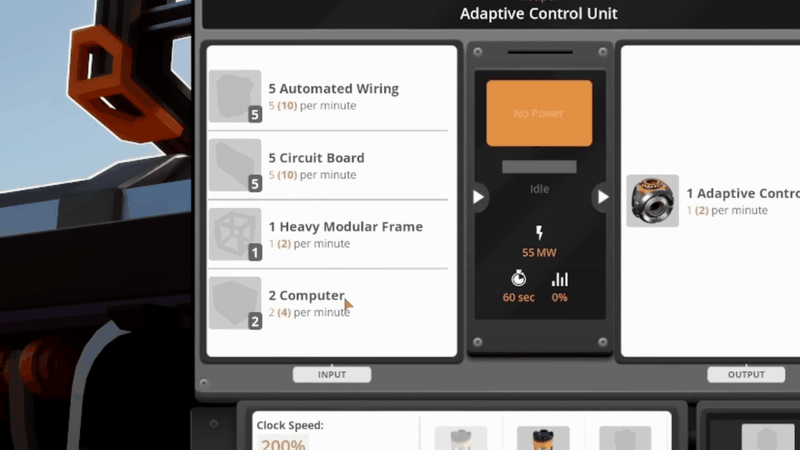 Satisfactory manufacturer UI showing an Adaptive Control Unit recipe with 5 Automated Wiring, 5 Circuit Board, 1 Heavy Modular Frame and 2 Computer inputs at 200% clock speed