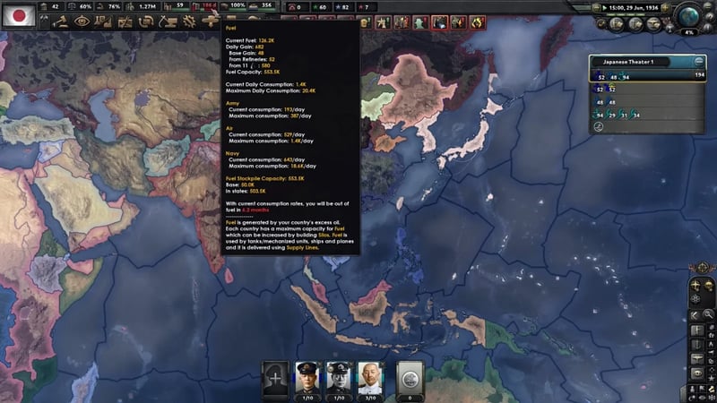 Fuel tooltip over the world map showing current fuel, daily gain and consumption broken out by Army, Air and Navy