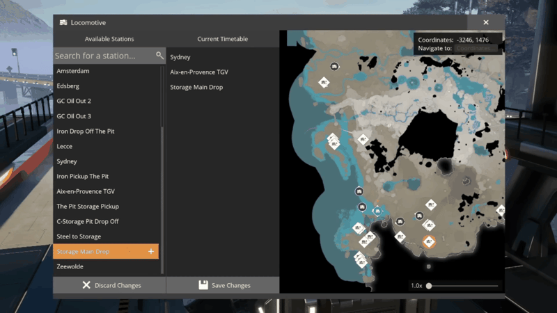 Satisfactory locomotive timetable editor showing the searchable Available Stations list on the left, the Current Timetable stops on the right and the world map with station markers.