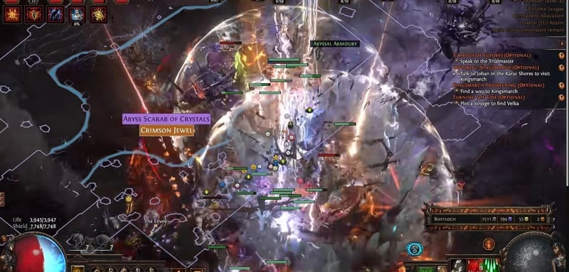 Path of Exile abyss encounter with an Abyss Scarab of Crystals and a Crimson Jewel dropping beside an Abyssal Armoury chest