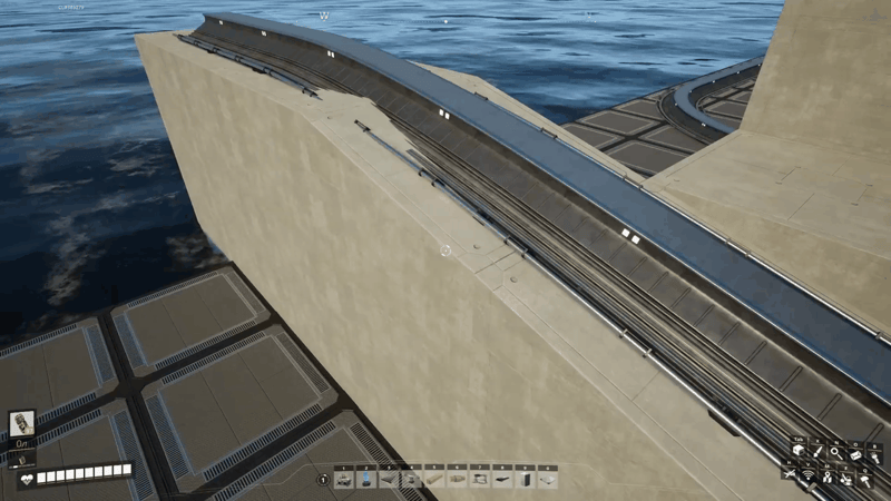 Satisfactory rail line running cleanly up a concrete ramp, with straight brace sections at the bottom, on the slope and at the top so the track merges without gaps.