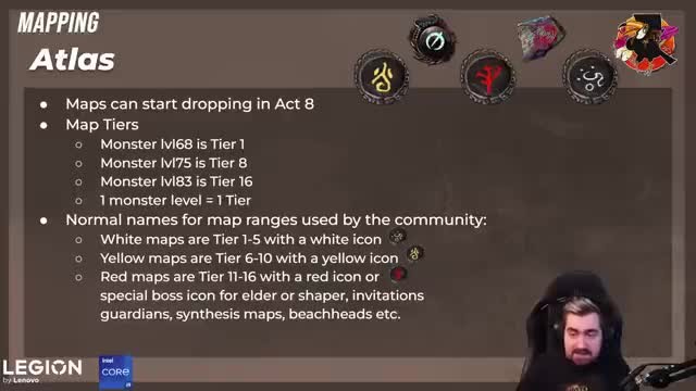 Path of Exile PoE University slide showing map tier math: monster level 68 is Tier 1, level 83 is Tier 16, one monster level equals one tier