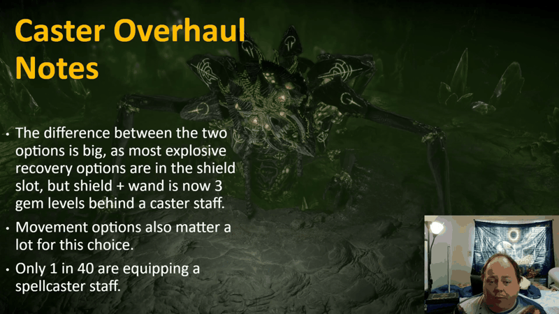 Caster Overhaul Notes slide stating that a Path of Exile shield plus wand is three gem levels behind a caster staff and only 1 in 40 high-level characters equip a spellcaster staff.