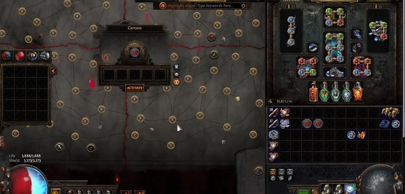 The Path of Exile Atlas screen in 3.29 with the map device open on a Carcass map, surrounded by the atlas node network
