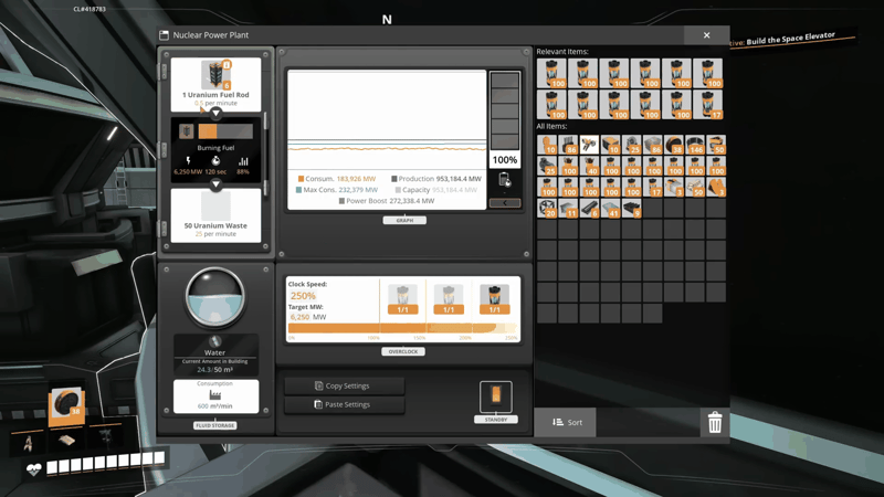 Overclocked Satisfactory Nuclear Power Plant running at 250% clock speed for 6,250 MW, burning 0.5 uranium fuel rods per minute and emitting Uranium Waste at 25 per minute.