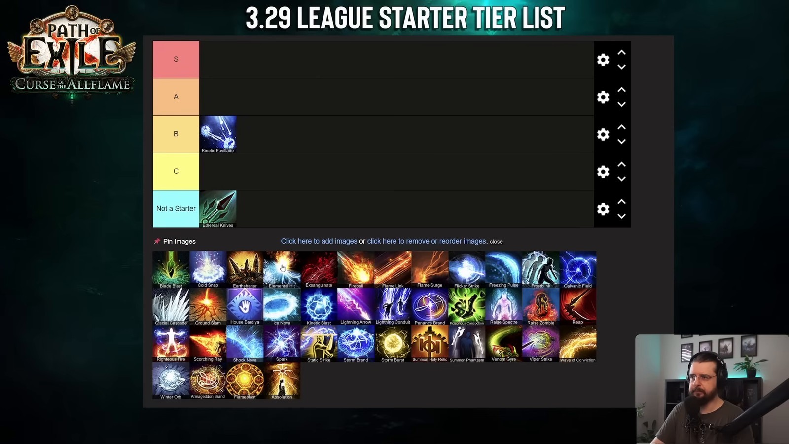 Empty 3.29 League Starter Tier List board at the start of the video, showing the full pool of candidate skill gems below the S/A/B/C rows