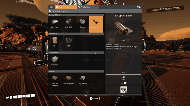 Satisfactory Constructor recipe list with Copper Sheet selected, showing a 6 second craft costing 2 Copper Ingot alongside Iron Plate, Iron Rod, Screws, Wire, Cable, Concrete and biomass recipes