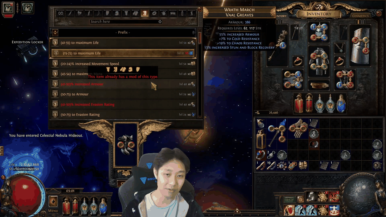 Path of Exile crafting bench prefix list with exact maximum life and movement speed tiers, the starting point for PoE crafting basics
