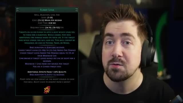 Path of Exile in-game skill gem tooltip for Flame Link, showing its mana cost, cast time, level requirements, and effect description