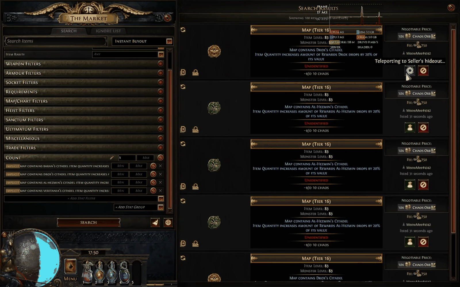 Path of Exile trade market search for Conqueror maps showing bulk sellers and 10 chaos buyout prices