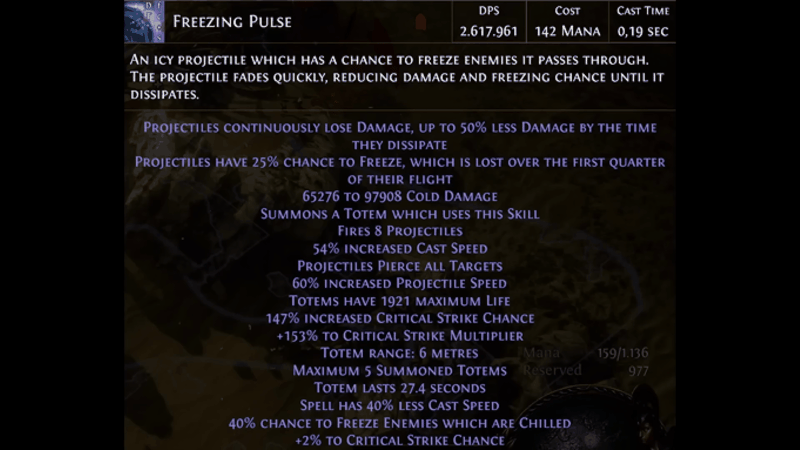 Freezing Pulse skill bar tooltip in Path of Exile reading 2,617,961 DPS per crab totem at 142 mana, 8 projectiles and a maximum of 5 summoned totems