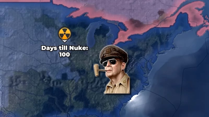 MacArthur portrait beside a nuclear-strike icon reading "Days till Nuke: 100" over the Waterloo, Iowa area of the map