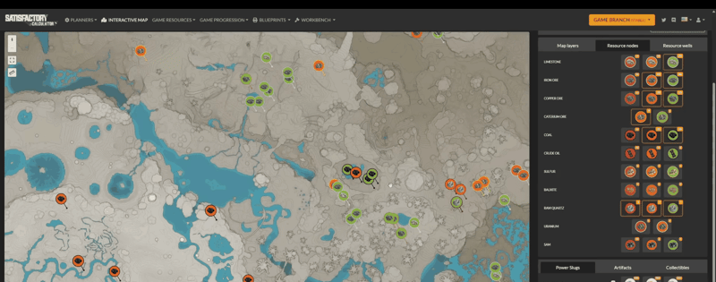 Satisfactory interactive resource map with coloured ore node markers and a sidebar counting impure, normal and pure nodes per resource