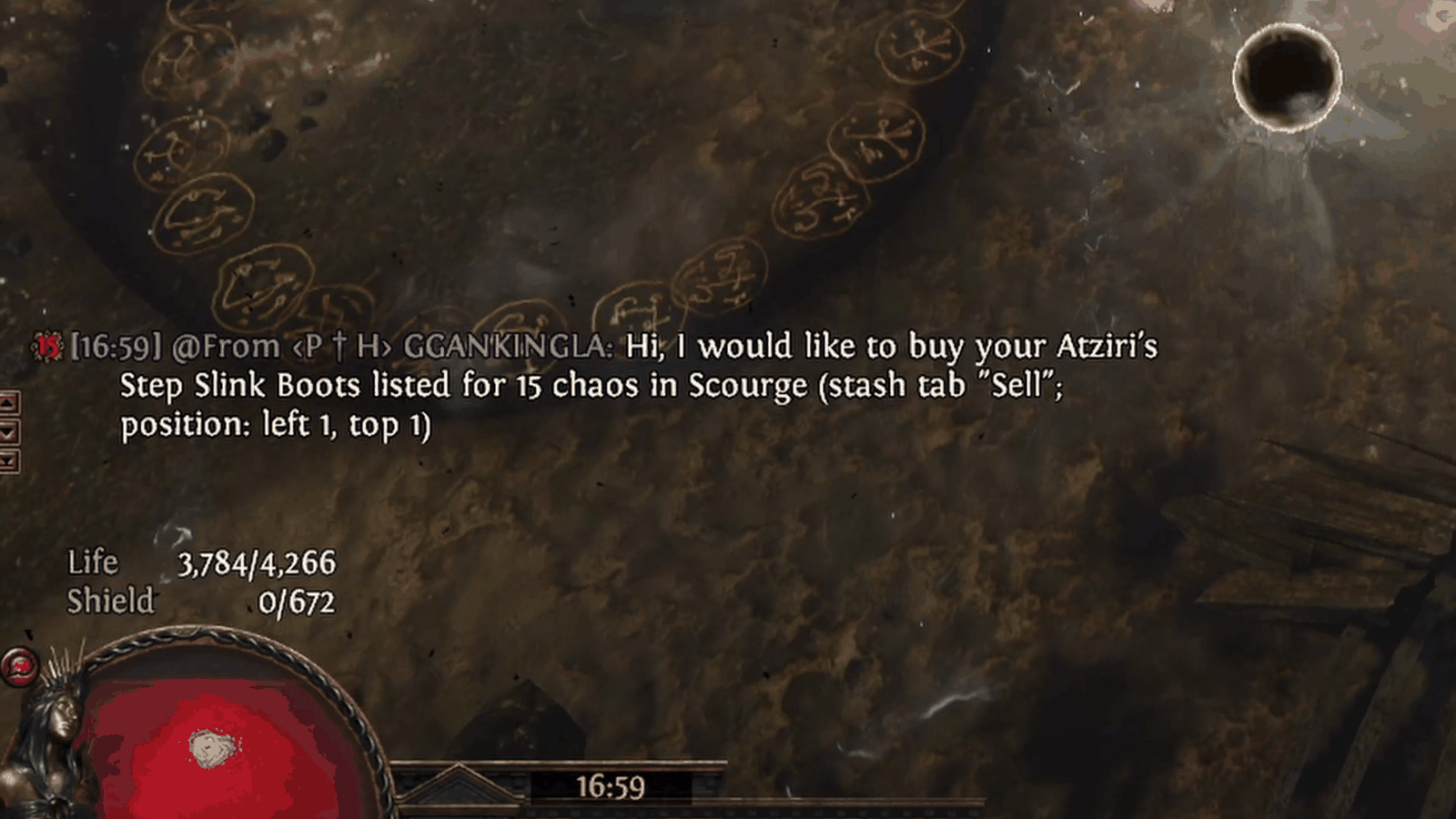 An incoming buy whisper in Path of Exile quoting the item, the 15 chaos price, the stash tab name and the exact grid position of the item