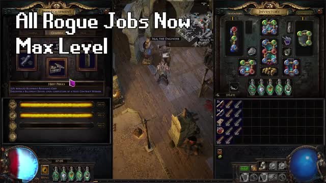 Rogue equipment and job-level panel with all jobs shown maxed