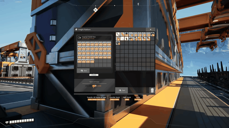 Satisfactory Freight Platform panel showing an Outgoing Transfer Rate of 563 items per minute, a full inventory of 500-stacks and the UNLOAD/LOAD train-settings toggle set to LOAD.