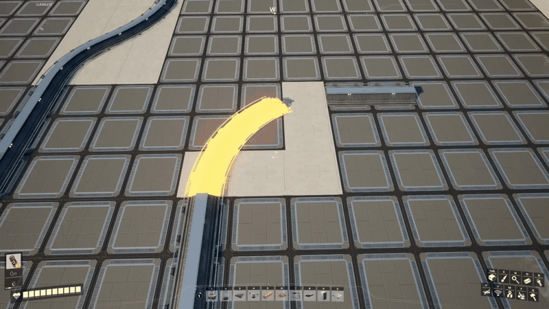 Satisfactory railway curve highlighted in yellow, spanning a three-by-two foundation offset between two straight bracing track sections built on a foundation grid.