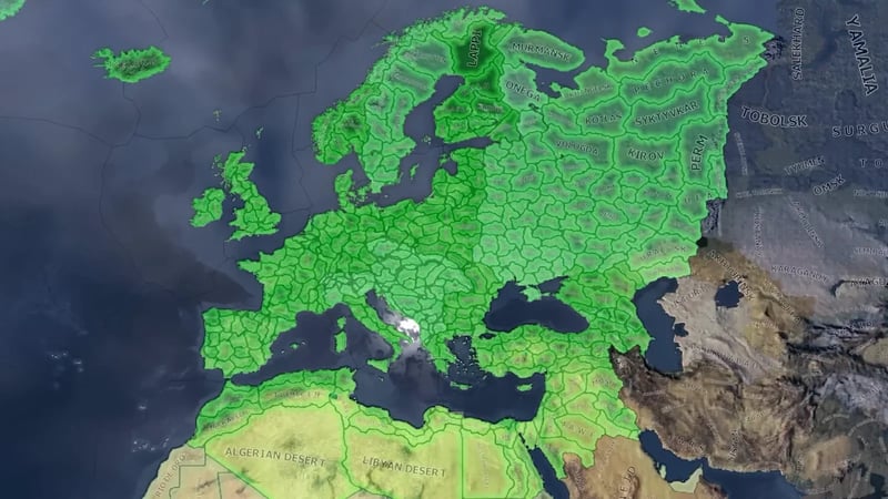 World map with a green core-claim overlay extending from Italy across all of Europe to the Ural Mountains