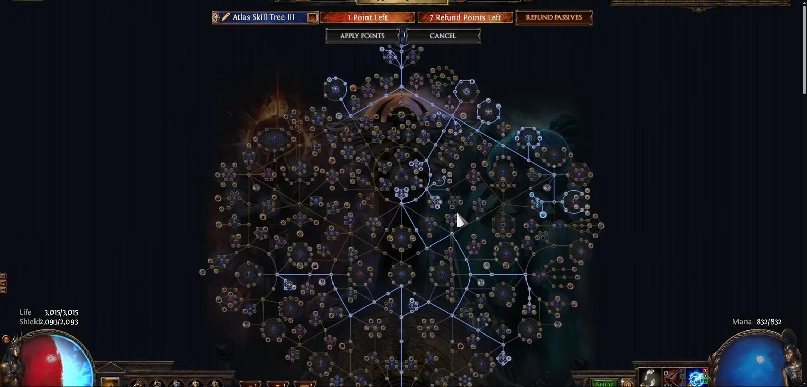Path of Exile Atlas Skill Tree III fully allocated for a mercenary rushing and scarab farming strategy