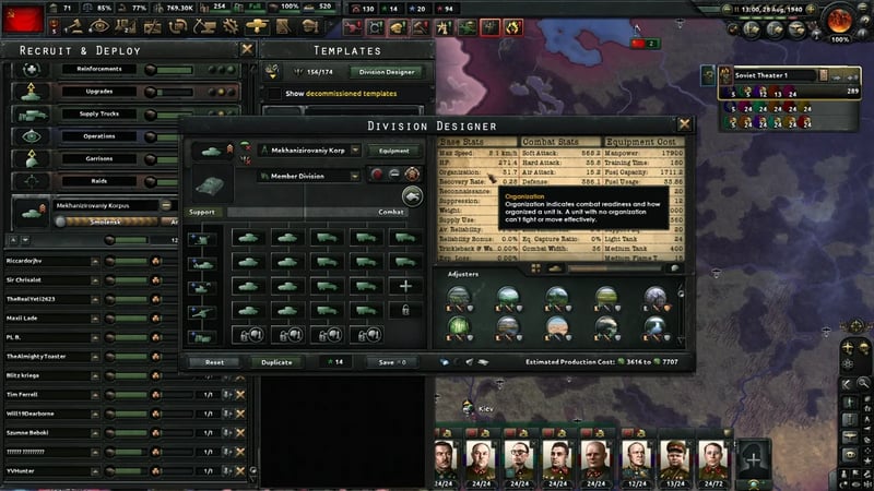 Division Designer window showing the base stats, combat stats and equipment cost of an upgraded Mekhanizirovaniy Korpus mechanized corps template dated August 1940