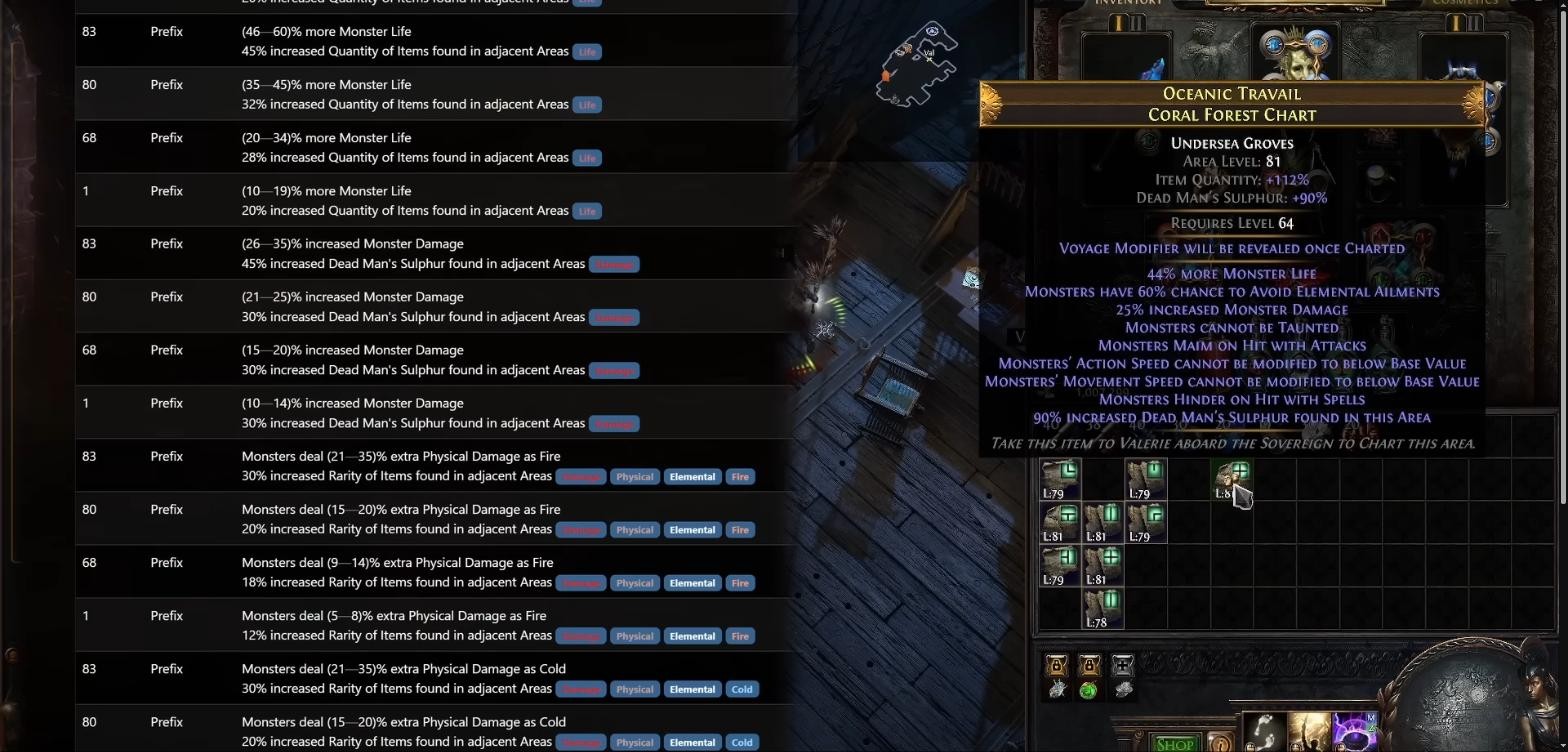 Path of Exile chart modifier list showing increased Quantity, Rarity and Dead Man's Sulphur found in adjacent Areas, beside an Oceanic Travail Coral Forest Chart tooltip