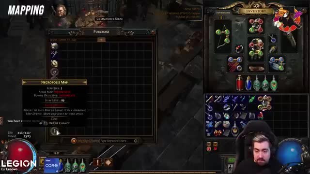 Path of Exile PoE University footage showing Kirac's Purchase panel with a Necropolis map available to buy for chance orbs