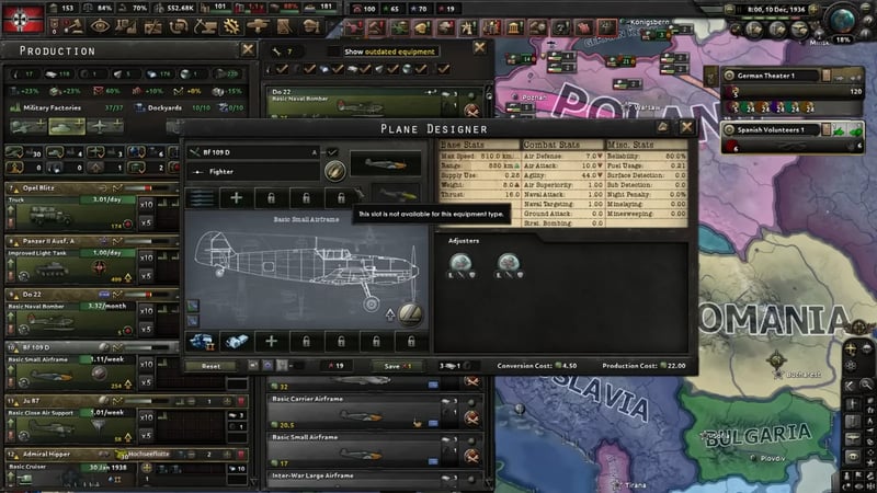 Plane Designer for the Bf 109 D fighter: 510 km/h max speed and 880 km range