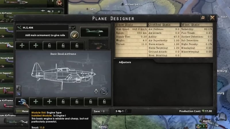 Plane Designer screen for the base fighter airframe: Base Stats Max Speed 446.2 km/h, Range 550 km, Weight 4.0; Combat Stats Air Defense 9.0, Agility 45.5; Misc Stats Reliability 80.0%; Production Cost 17.00