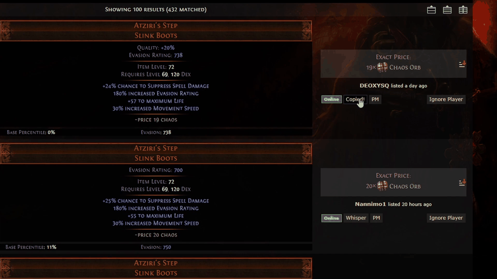 Poe trade site search results showing a pair of Atziri's Step listed at 19 Chaos Orbs and the whisper button already flipped to Copied, the heart of poe whisper trading