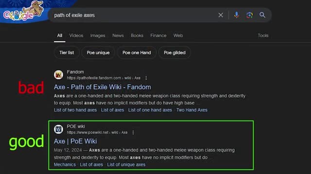 Google search results for "path of exile axes" showing the Fandom wiki result labeled "bad" in red and the poewiki.net result labeled "good" in green