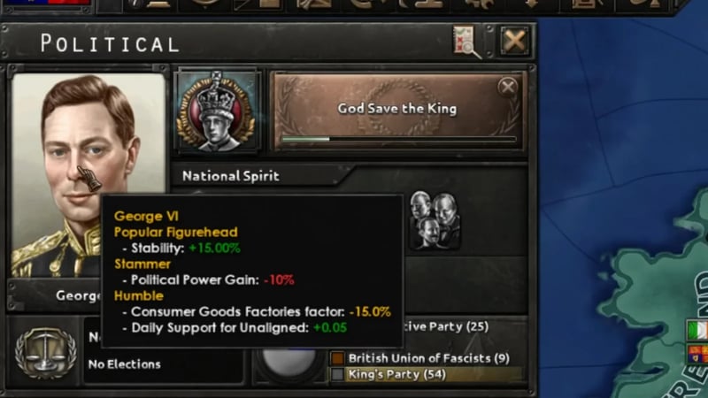 The Political tab tooltip for George VI's national spirit, showing Popular Figurehead (+15% stability), Stammer (-10% political power gain), Humble (-15% consumer goods factories factor, +0.05 daily support for unaligned), and party support numbers: King's Party 54, Conservative Party 25, British Union of Fascists 9.