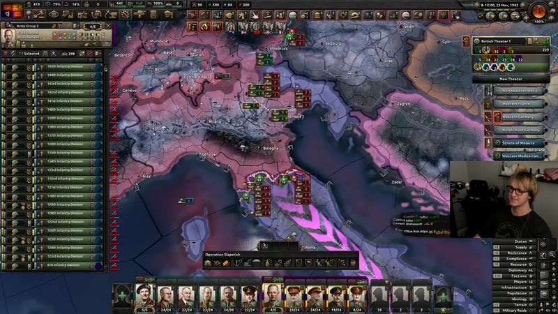 The campaign map over northern Italy with Army Group 2 (74 divisions) selected and a drawn 'Operation Slapstick' plan arrow crossing into the Balkans.