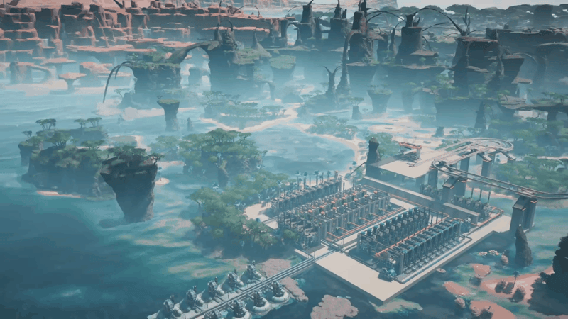 Aerial view of a Satisfactory factory platform surrounded by open water and unused flat ground for expansion