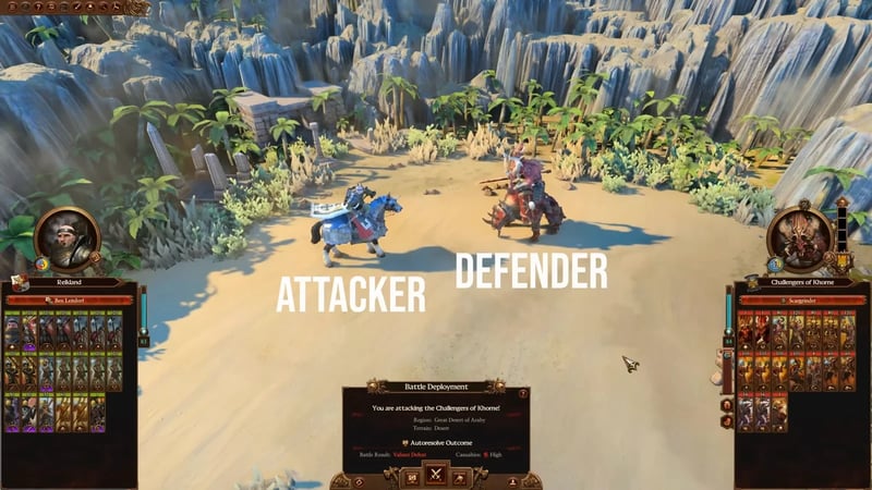 Battle deployment screen with a Reikland lord and a Khorne lord, labelled ATTACKER and DEFENDER