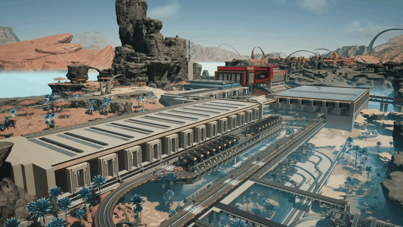 Satisfactory factory built around architecture, with long refinery rows squeezed into a styled building shell