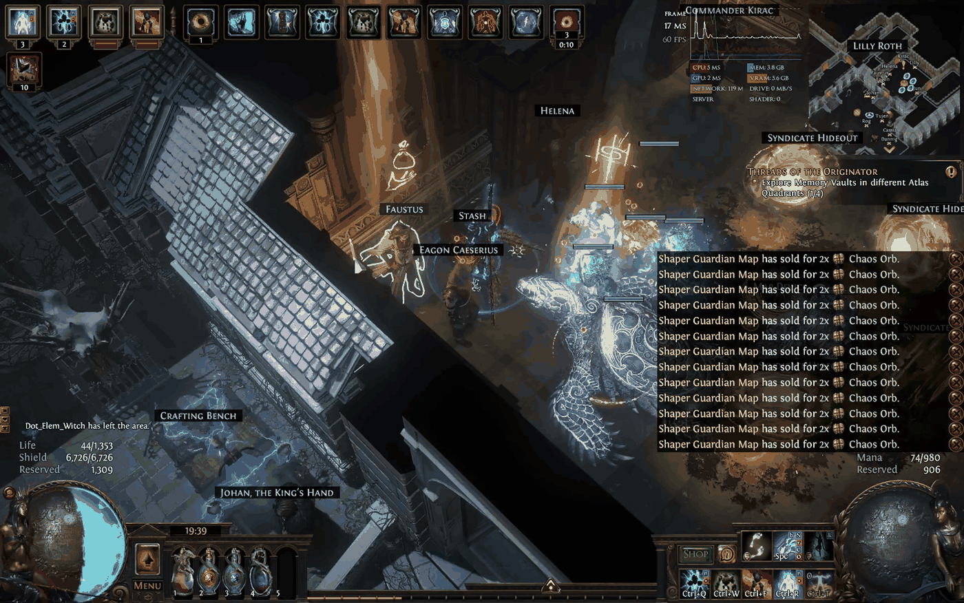 Path of Exile trade notifications showing Shaper Guardian Maps selling instantly for 2 chaos orbs each