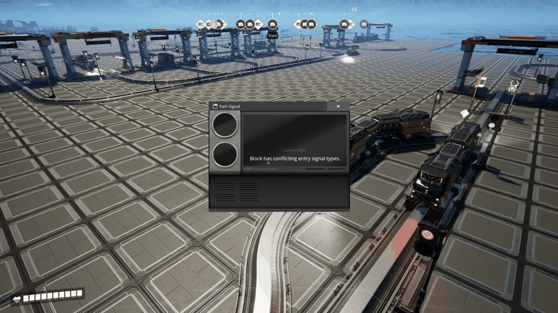 Satisfactory Path Signal information panel reading 'Block has conflicting entry signal types', the error shown when a junction mixes block and path signals on its entrances.