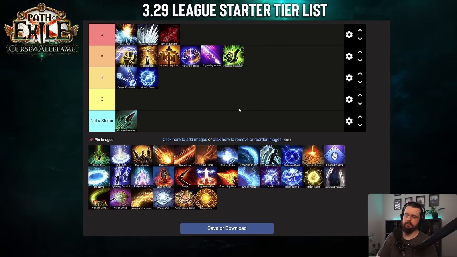 3.29 League Starter Tier List showing Exsanguinate freshly added to S tier alongside Elemental Hit and Glacial Cascade