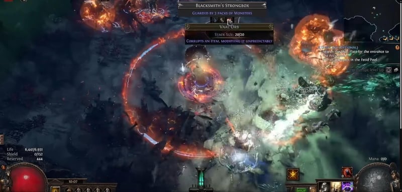 A Blacksmith's Strongbox guarded by three packs of monsters in a Path of Exile voyage, with a full stack of twenty Vaal Orbs and Dead Man's Sulphur dropping nearby