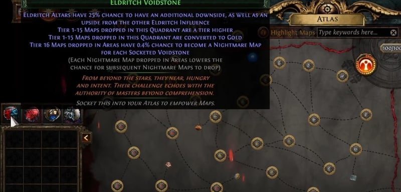 The Eldritch Voidstone tooltip in Path of Exile 3.29, showing a 25 percent chance for Eldritch Altars to have an additional downside and upside, and tier 1-15 maps in the quadrant dropping a tier higher