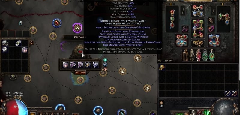 Path of Exile map tooltip showing Monster Level 83, Item Quantity 58%, Item Rarity 86%, More Scarabs 138% and Quality Scarabs 20%