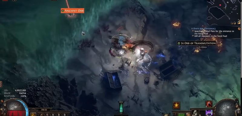 Loot dropping in a Path of Exile voyage including an Ancient Orb and five Orbs of Transmutation next to unopened chests