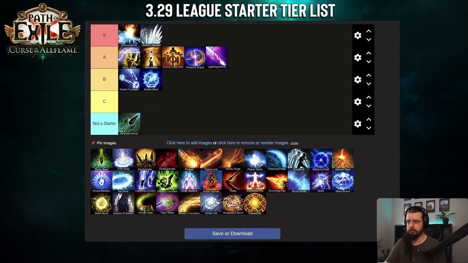 3.29 League Starter Tier List with Elemental Hit, Glacial Cascade, and Exsanguinate placed in S tier